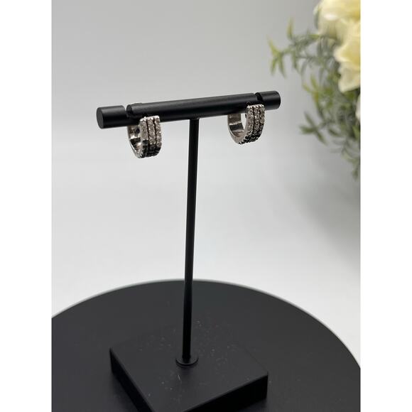 Sterling Silver Designer Signed Huggie Hoops Black and Clear CZ Earrings - Picture 2 of 9